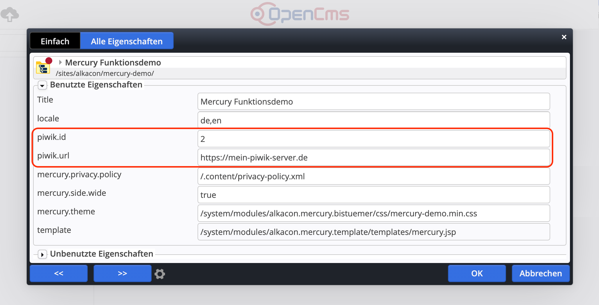 Setzen der Piwik PRO Eigenschaften „piwik.url“ und „piwik.id“