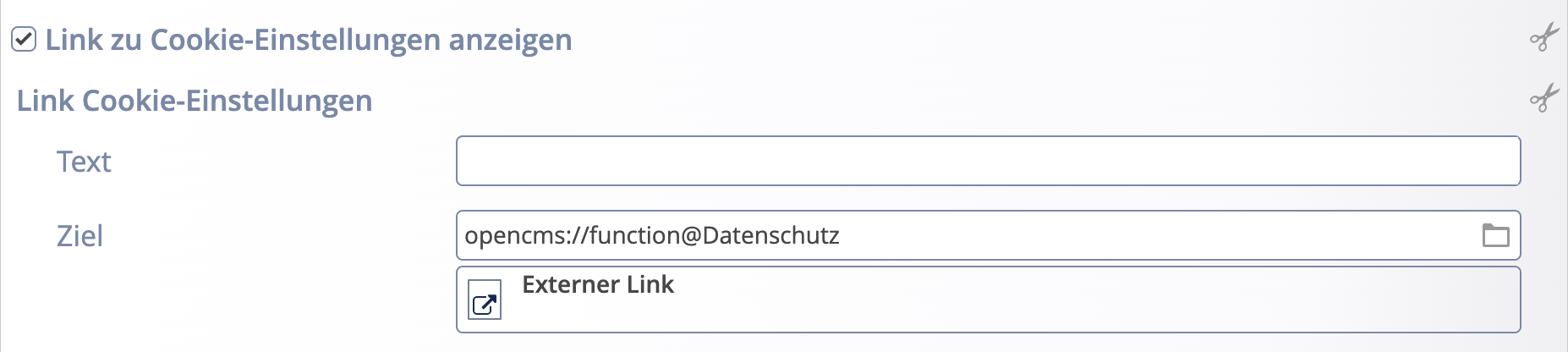Konfiguration Link zu Cookie Einstellungen