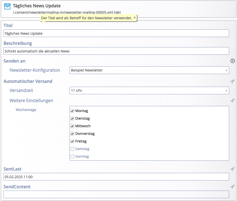 Newsletter: Konfiguration des automatischen Versands