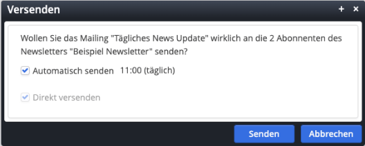 Newsletter: Dialog zur Aktivierung des automatischen Versands